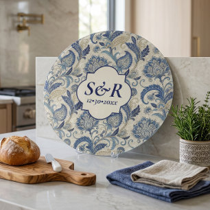 Monogramm Blau & Creme Damast Blumenhochzeit Schneidebrett