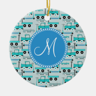 Monogramm-Blau dreht Roller-Auto-Lastwagen-LKWs Keramikornament