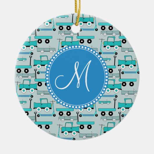 Monogramm-Blau dreht Roller-Auto-Lastwagen-LKWs Keramikornament (Vorne)