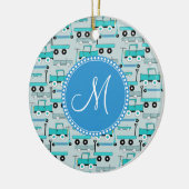 Monogramm-Blau dreht Roller-Auto-Lastwagen-LKWs Keramikornament (Links)