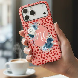 Monogramm Blau Floral & Rote Herzen Liebesgeschenk