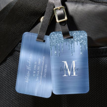 Monogramm Blau Glitter-Tropf Gebürstetes Metall