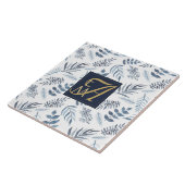Monogramm Blau Gold Botanische Blätter Farne Fliese (Seite)