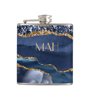 Monogramm Blau Gold Glitter Achat Marmor Glam Blin Flachmann