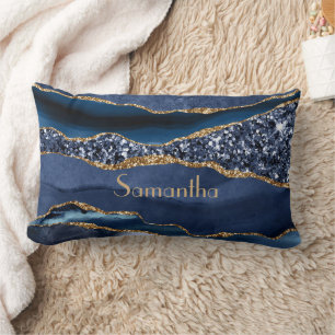 Monogramm Blau Gold Glitter Achat Marmor Glam Blin Lendenkissen
