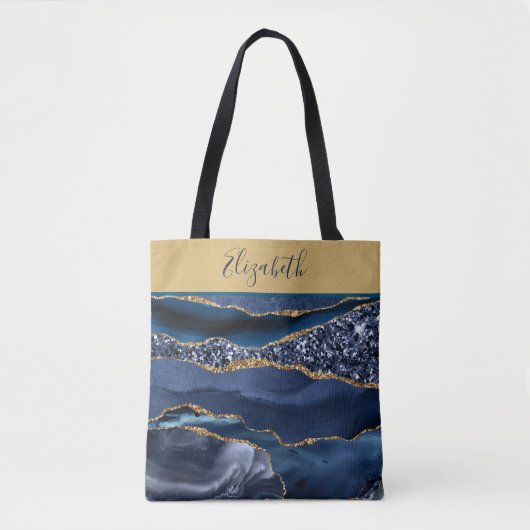 Monogramm Blau Gold Glitter Achat Trendmarmor Tasche (Vorderseite)