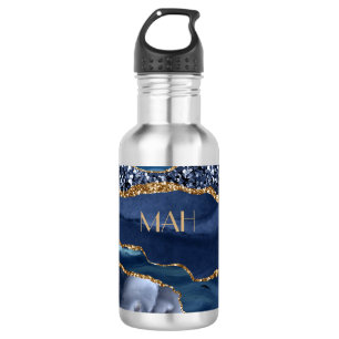 Monogramm Blau Gold Glitter Achatmarmor Trend  Edelstahlflasche