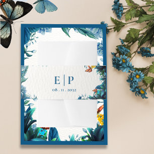 Monogramm Blau Grüne Botanische Schmetterling Hoch Einladungsbanderole