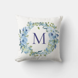 Monogramm Blau Grüne Florale Botanische Wasserfarb Kissen