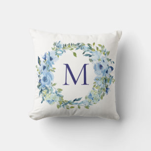 Monogramm Blau Grüne Florale Botanische Wasserfarb Kissen