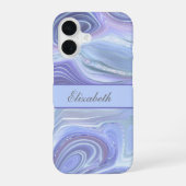 Monogramm Blau Lila Silber Glitter Achat Murmel iPhone 16 Hülle (Rückseite)