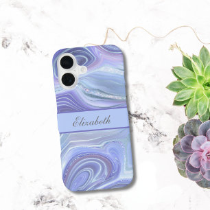 Monogramm Blau Lila Silber Glitter Achat Murmel iPhone 16 Hülle