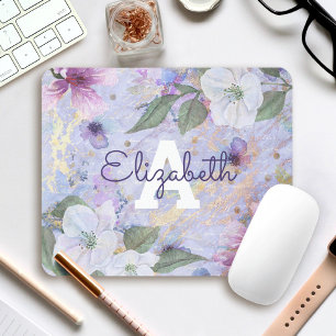 Monogramm blau lila vintage Blumen Wasserfarbe Mousepad