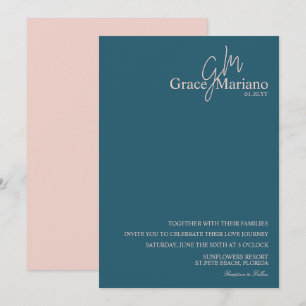 Monogramm Blau  Rosa Schriftlogo Hochzeit    Einladung