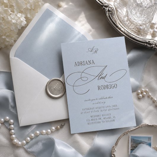 Monogramm Blau und Braune Hochzeit Einladung