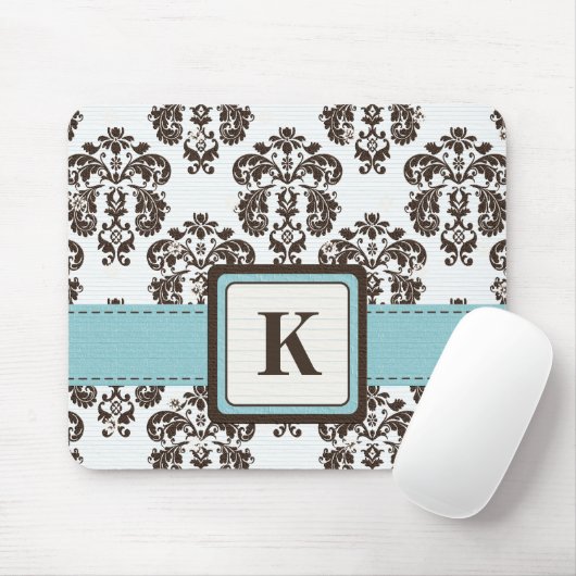 Monogramm-Blau und Brown-Damast-Mausunterlage Mousepad (Mit Mouse)