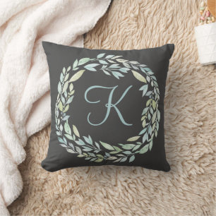 Monogramm Blau und Grün Grauer Blumenkranz Kissen