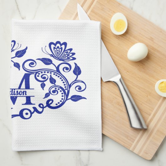 Monogramm Blau und Weiß Geschirrtuch (Viertel Falte)