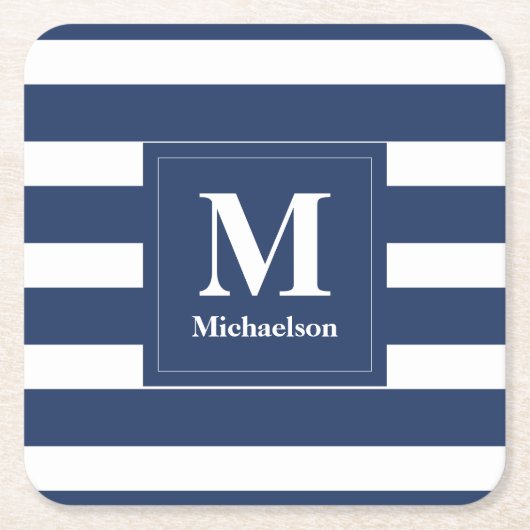 Monogramm Blau und Weiß Streifen Rechteckiger Pappuntersetzer (Vorderseite)