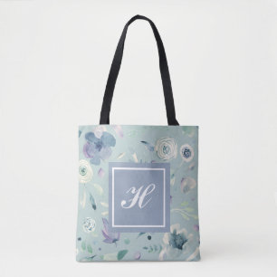 Monogramm Blau-Violett Aquarell Blumenmuster Tasche