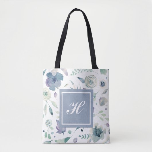 Monogramm Blau-Violett Wasserfarbe Blumenmuster Tasche (Vorderseite)