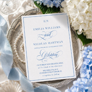 Monogramm Blau Weiße Klassische Hochzeitseinladung Einladung