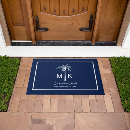 Monogramm Blau Weiße Palme Personalisiert Fußmatte (Außenbereich)