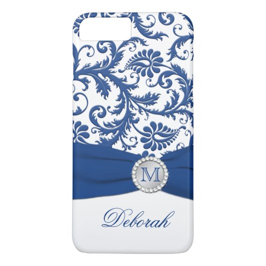 Monogramm blau, weißer Damast iPhone 7 Kasten Case-Mate iPhone Hülle (Rückseite)