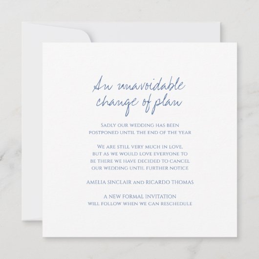 Monogramm blaue Blätter Hochzeitstornierung Ankündigung (Rückseite)