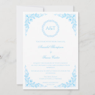 Monogramm Blaue Blumige Elegante Hochzeits-Einladu