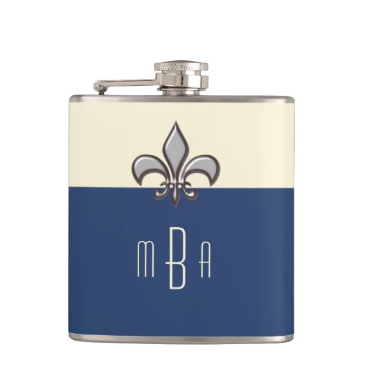 Monogramm-blaue Imitat-MetallLilie Flachmann (Vorderseite)