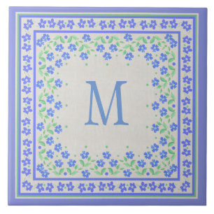 Monogramm Blaue Immergrün Blumenrand Faux-Leinen Fliese