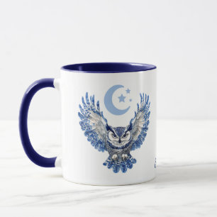 Monogramm Blaue Nacht-Eule und Mond Tasse