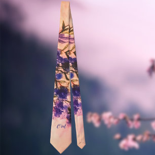 Monogramm blaue Pfirsichblüte lila florale Aquarel Krawatte