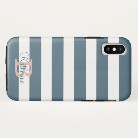 Monogramm blaue Preppy-Streifen Case-Mate iPhone Hülle (Rückseite (Horizontal))