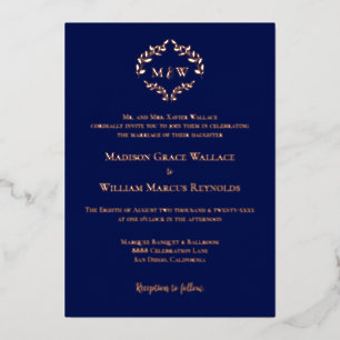 Monogramm Blaue Roségold-Luxus-Eleganz-Krone Folieneinladung