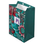 Monogramm Blaue Rote Blumen Mittlere Geschenktüte (Vorderseite Schrägansicht)