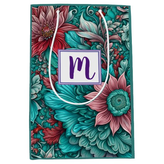 Monogramm Blaue Rote Blumen Mittlere Geschenktüte (Vorderseite)