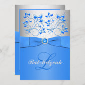 Monogramm-blaue silberne Blumenschläger Mitzvah Einladung (Vorne/Hinten)