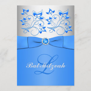 Monogramm-blaue silberne Blumenschläger Mitzvah Einladung