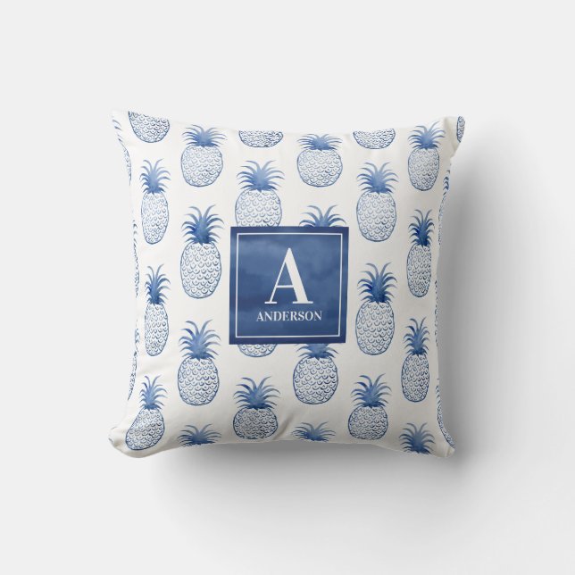 Monogramm Blaue tropische Ananas Außenbereich Kissen (Vorderseite)