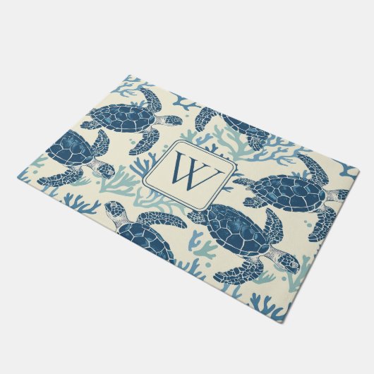 Monogramm Blaue und Cremeschildkröten Fußmatte (Schrägansicht)