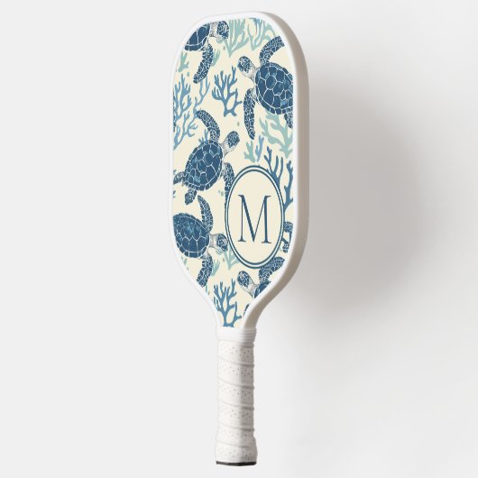 Monogramm Blaue und Cremeschildkröten Pickleball Schläger (Links)