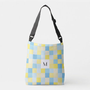 Monogramm-blaue und gelbe Quadrat-Querleichensack Tragetaschen Mit Langen Trägern