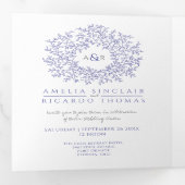 Monogramm blaue und weiße Hochzeit Dreifach Gefaltete Einladung (Innen Erste Seite)