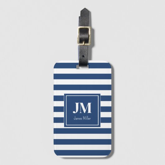 Monogramm blaue und weiße Streifen Gepäckanhänger (Vorderseite Vertikal)
