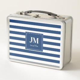 Monogramm blaue und weiße Streifen Metall Brotdose