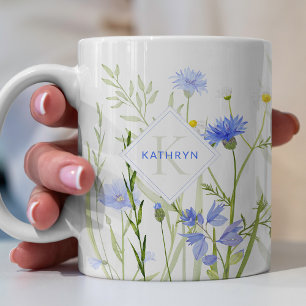 Monogramm Blaue Wilde Blume Personalisiert Kaffeetasse