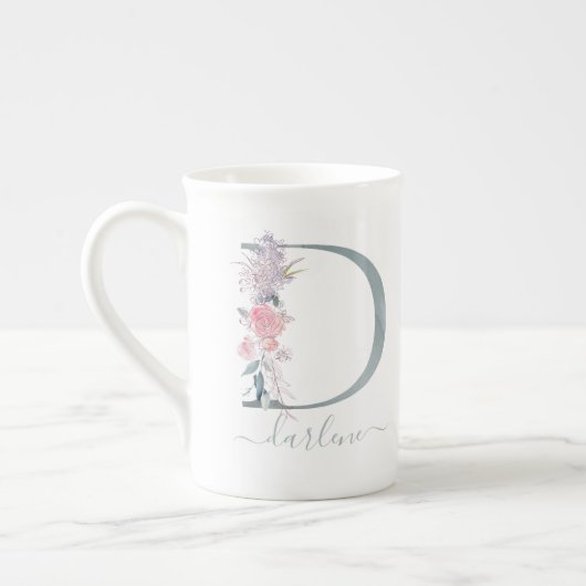 Monogramm Blauer Rosa Farbton Blumenbuchstabe D Porzellantasse (Links)