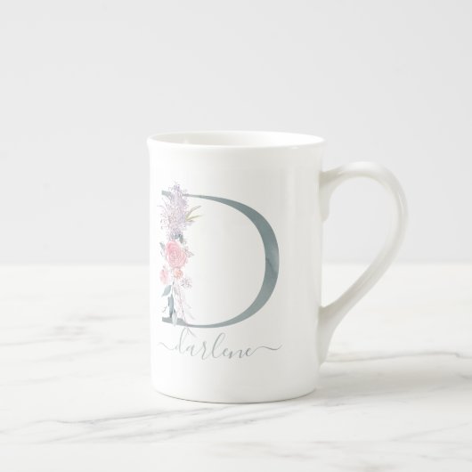 Monogramm Blauer Rosa Farbton Blumenbuchstabe D Porzellantasse (Rechts)